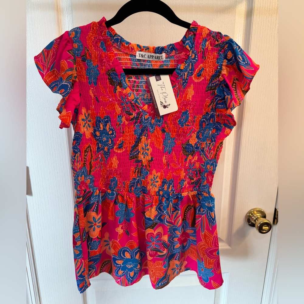 Vibrant Floral Blouse - Pink and Blue